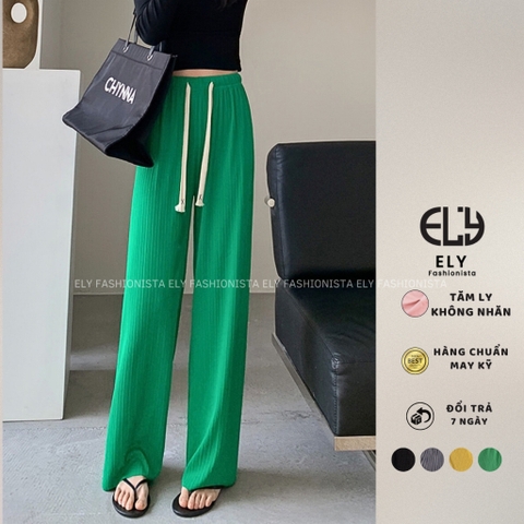 Quần ống rộng nữ Ely fashion suông dài vải tăm ly không khăn màu đen siêu hack dáng mặc thoáng mát ELY266