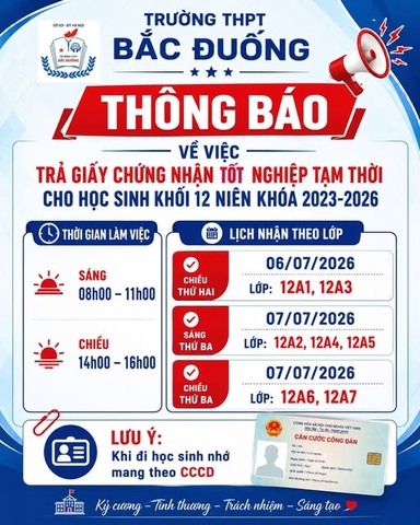 THÔNG BÁO VỀ VIỆC TRẢ GIẤY CHỨNG NHẬN TỐT NGHIỆP TẠM THỜI CHO HỌC SINH KHỐI 12 NIÊN KHOÁ 2023- 2026