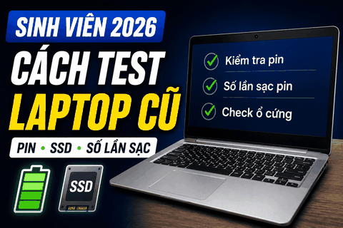 Sinh viên 2026: Cách test kiểm tra pin laptop, số lần sạc pin và dùng CrystalDiskInfo check ổ cứng trước khi mua
