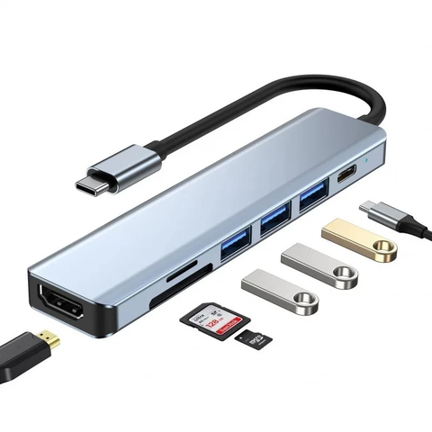 Hub kết nối chia Type C 7 cổng chuyển đổi sang HDMI, tương thích USB C, hỗ trợ PD, khe cắm thẻ SD/TF