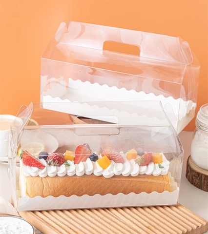 Hộp mica đế trắng đựng bánh cuộn có tay xách