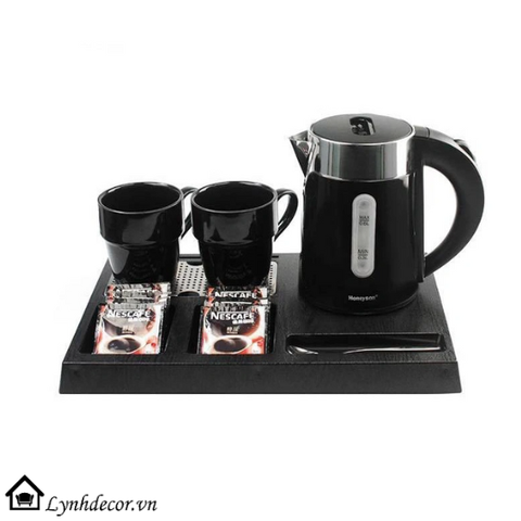 Bộ Âm đun nước khách sạn 5* mầu đên sang trọng, ấn tượng, bàn trà, cốc sứ pha trà.