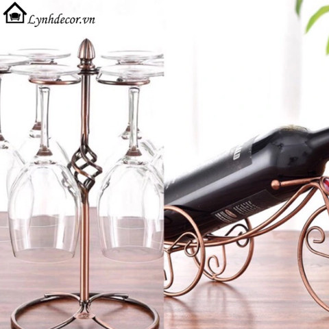 Combo Giá Treo Ly Và Kệ Để Rượu Vang LynhDecor Màu Đồng