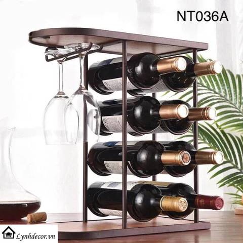 Kệ Để Rượu Vang Và Treo 2 Ly LynhDecor Màu Đồng Loại 8 chai NT036A