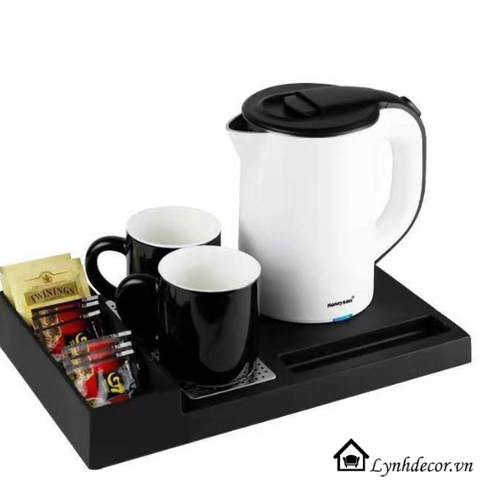 Bộ Âm đun nước khách sạn 5* mầu bạc sang trọng, năng động, bàn trà, cốc sứ pha trà.