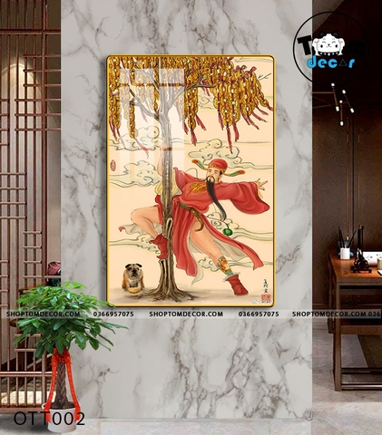 Tranh Vô Tri Ông Thần Tài Đu Cây Vàng - Tranh Tráng Gương Bỏ Bàn Hoặc Treo Tường