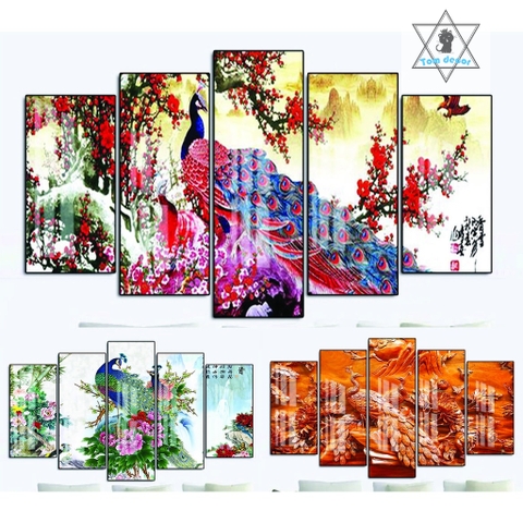 Tranh gỗ tráng gương khung bo góc cao cấp chim công size lớn