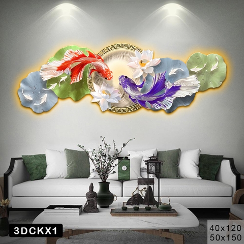 Tranh 3D cá koi đèn led có remot điều khiển mặt tranh tráng gương - Liên ngư hội tụ - 3DCLX1