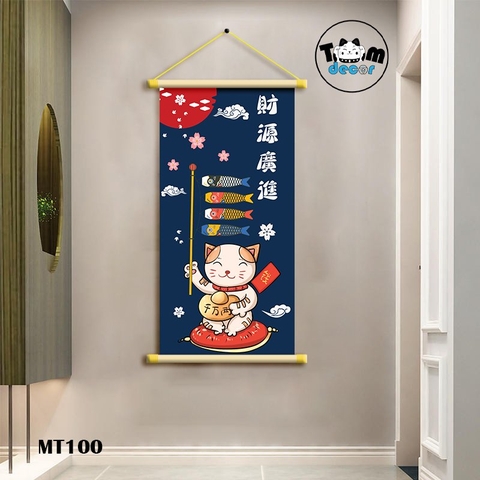 Tranh Mèo Thần Tài Thư Pháp Cuộn Cây Gỗ Vải Canvas Loại Tốt - MT100