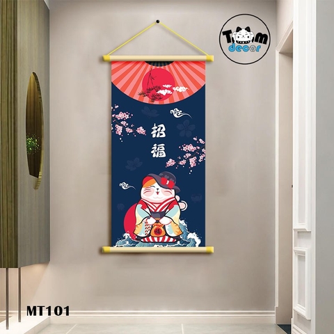 Tranh Mèo Thần Tài Thư Pháp Cuộn Cây Gỗ Vải Canvas Loại Tốt - MT101