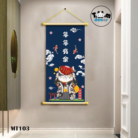 Tranh Mèo Thần Tài Thư Pháp Cuộn Cây Gỗ Vải Canvas Loại Tốt - MT103