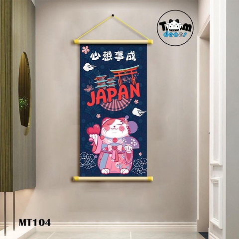 Tranh Mèo Thần Tài Thư Pháp Cuộn Cây Gỗ Vải Canvas Loại Tốt - MT104