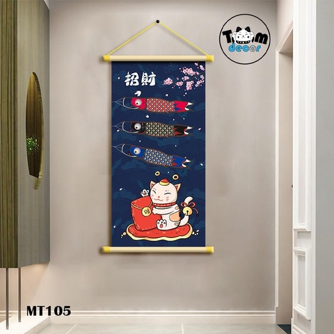 Tranh Mèo Thần Tài Thư Pháp Cuộn Cây Gỗ Vải Canvas Loại Tốt - MT105