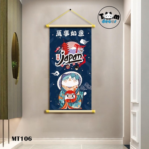 Tranh Mèo Thần Tài Thư Pháp Cuộn Cây Gỗ Vải Canvas Loại Tốt - MT106