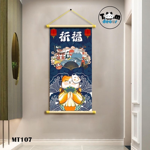 Tranh Mèo Thần Tài Thư Pháp Cuộn Cây Gỗ Vải Canvas Loại Tốt - MT107