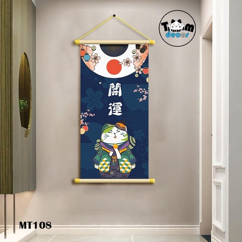 Tranh Mèo Thần Tài Thư Pháp Cuộn Cây Gỗ Vải Canvas Loại Tốt - MT108