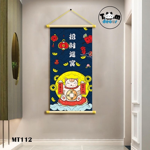 Tranh Mèo Thần Tài Thư Pháp Cuộn Cây Gỗ Vải Canvas Loại Tốt - MT112