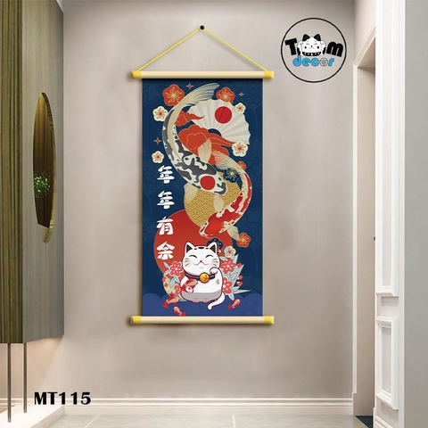 Tranh Mèo Thần Tài Thư Pháp Cuộn Cây Gỗ Vải Canvas Loại Tốt - MT115