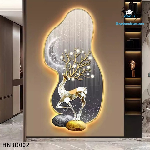 Tranh 3D Hưu Nai Tranh Tráng Gương Đèn Led Có Remot Điều Khiển - HN3D002
