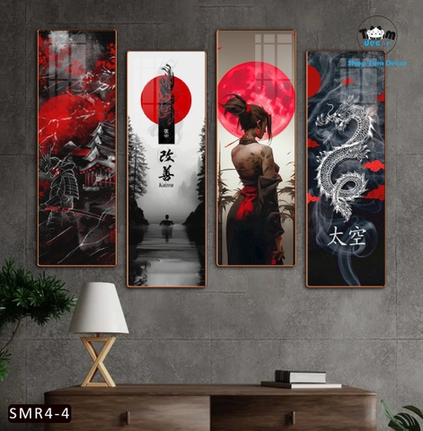 Bộ 4 Tranh Tráng Gương Sammurai Nhật Bản Decor Tiệm Tato Nhà Hàng Tiệm Cổ - SMR4-4