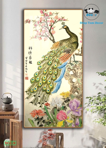 Tranh chim công tráng gương cao cấp - tranh phong thủy mẫu TCC-9