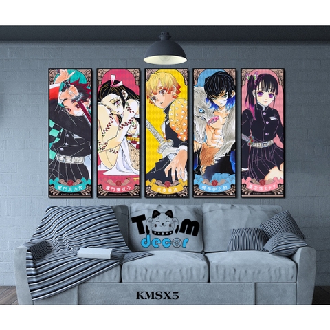 Tranh canvas bộ 5 bức có khung mẫu Kimetsu yaiba + tặng đinh 3 chân