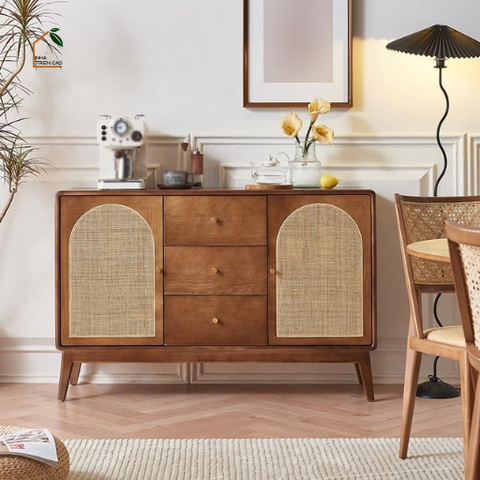 ZABAN, TLT_012, Tủ lưu trữ phối lưới mây tre cổ điển, 120x40x90cm, Gỗ Plywood phủ sơn 2K, Nội thất Nhà trên cao