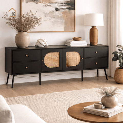 GALON,TTV_002, Kệ tivi phối lưới mây tre tối giản, 180x40x55cm, Gỗ MDF phủ sơn 2K, Nội thất Nhà trên cao