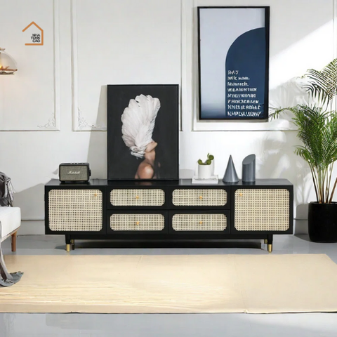 GALON, TTV_079, Kệ tivi phối lưới mây tre tối giản, 180x40x55cm, Gỗ MDF phủ sơn 2K, Nội thất Nhà trên cao