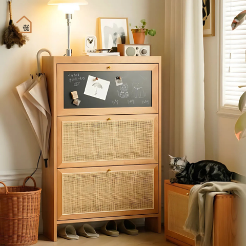 JAY, TG_005, Tủ giày sang trọng hiện đại, 80x28x127cm, MDF phủ sơn 2K phối lưới mây tre, Nội thất Nhà trên cao