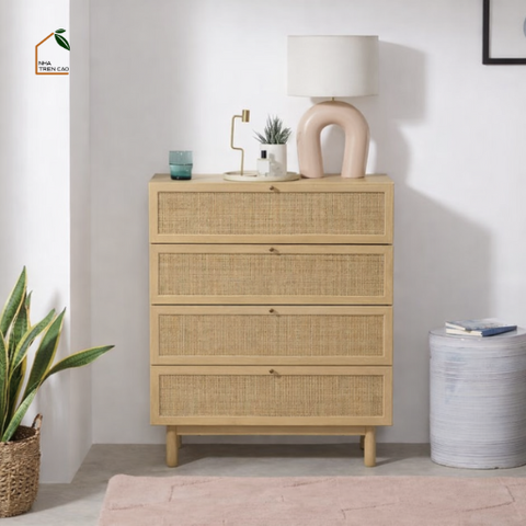 MEY, Tủ lưu trữ phối lưới mây mộc mạc, trang nhã, 80x40x90cm, MDF phủ Melamine, Nội thất Nhà Trên Cao