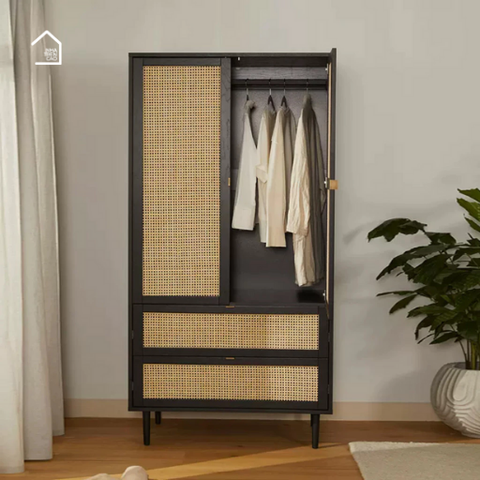 GALON, TQA_017, Tủ quần áo phối lưới mây tre, 100x55x200cm, Nội thất Nhà trên cao