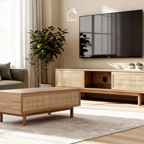 MEY, BT_016, Bàn trà phối lưới mây tre thanh lịch, 100x50x40cm, Nội thất Nhà Trên Cao