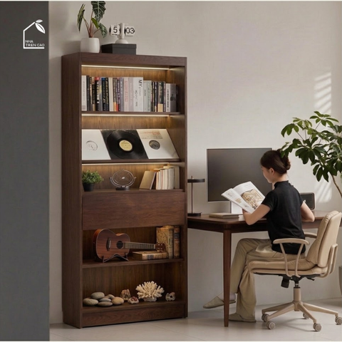 SOLIN, KS_014, kệ sách hiện đại có đèn, 90x30x198cm, Plywood phủ veneer, Nội thất Nhà trên cao