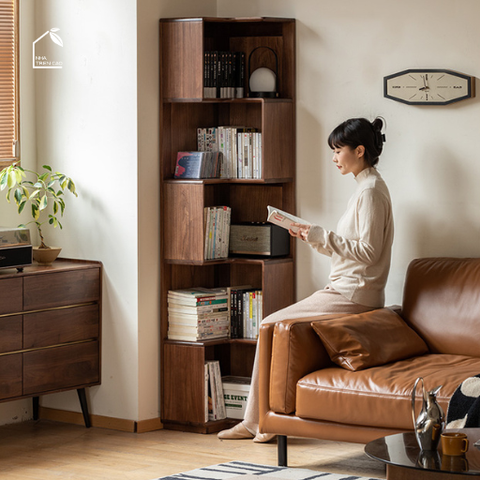 VANO, KS_012, Kệ Sách Góc Tối Ưu Không Gian, 60x60x190cm, Gỗ Plywood Phủ Veneer, Nội Thất Nhà Trên Cao