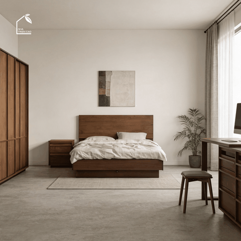 LINEA, GN_018, Giường ngủ phong cách sang trọng tối giản, 200x160x100cm, Plywood phủ veneer, Nội thất Nhà trên cao