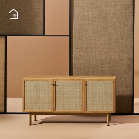 MEY, TLT_016, Tủ lưu trữ phối lưới mây tre, 140x40x70cm, MDF phủ Melamine, Nội thất Nhà Trên Cao