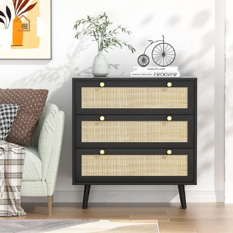 GALON, TLT_036, Tủ lưu trữ phong cách cổ điển phối mây tre, 80x40x90cm, Gỗ MDF phủ sơn 2K, Nội thất Nhà trên cao