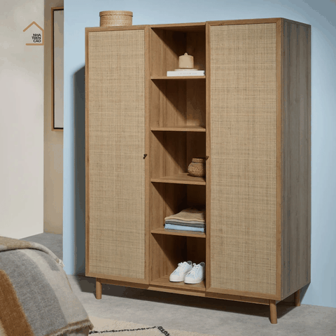 MEY, TQA_010, Tủ quần áo phối lưới mây tre, 140x55x180cm, MDF phủ Melamine, Nội thất Nhà Trên Cao
