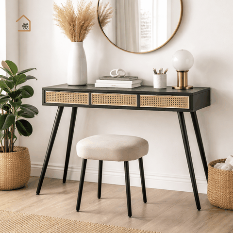 GALON, BTD_007, Bàn trang điểm hiện đại, 120x40x75cm, MDF phủ sơn 2K phối lưới mây tre, Nội thất Nhà Trên Cao