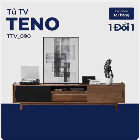 TENO, Kệ tivi thiết kế sang trọng, TTV_090, 180x40x50cm, Gỗ cao su phủ Veneer, Nội thất Nhà trên cao