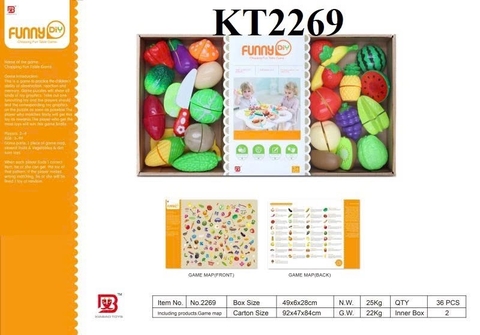 KTNO2269 HỘP BẾP DÍNH RAU CỦ, TRÁI CÂY ỚT CHUÔNG, CÀ TÍM, NẤM, KHOANG LANG, BẮP, KHỔ QUA, TRỨNG, CHUỐI, DƯA HẤU, KHẾ, NHO, ỔI, KIWI + DAO+ THỚT FUNNY 49X6X28