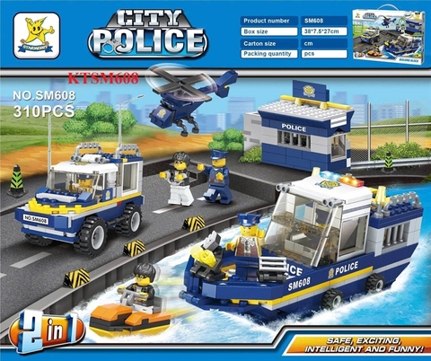 KTSM608 HỘP LOGO RÁP NHÀ, XE CS, TÀU, MÁY BAY TRỰC THĂNG 2 IN 1 310 MIẾNG CITY POLICE 38X7.5X27