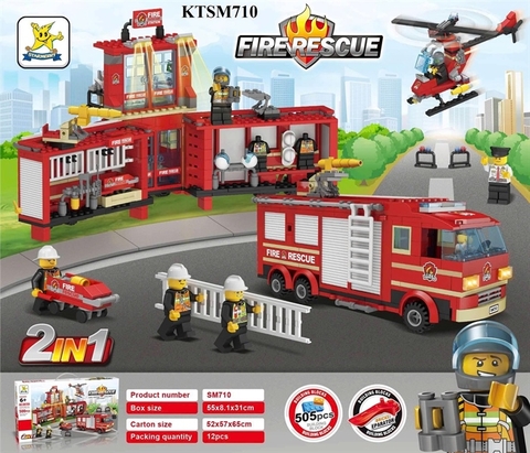 KTSM710 HỘP LOGO RÁP NHÀ, XE CT CỨU HỎA, MÁY BAY TRỰC THĂNG 2 IN 1 505 MIẾNG FIRE RESCUE 55X8.1X31