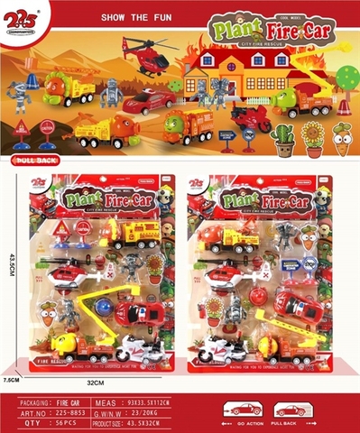 KT225-8853 VĨ MÔ HÌNH XE ZOMBIES CỨU HỎA TRỚN 5C ĐỦ MẪU+ BIỂN BÁO+ 2C ZOMBIES (CT, HƠI CS, MOTO, MÁY BAY TRỰC THĂNG) 2 MẪU PLANT FIRE CAR 32X7.5X43.5