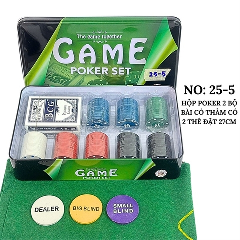 HỘP POKER 2 BỘ BÀI CÓ THẢM CÓ 2 THẺ ĐẶT 27CM