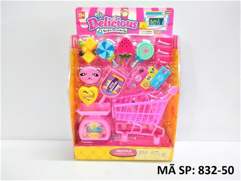 832-50 VĨ BẾP XE ĐẨY SIÊU THỊ + CÂN, KẸO DÂU Delicious (HỒNG)