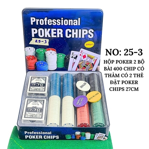 HỘP POKER 2 BỘ BÀI 400 CHIP CÓ THẢM CÓ 2 THẺ ĐẶT POKER CHIPS 27CM