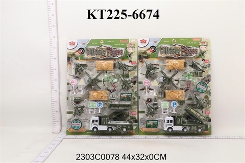 KT225-6674 VĨ MÔ HÌNH XE QUÂN SỰ TRỚN 8C + BIỂN BÁO+ CÂY (MÁY BAY, TRỰC THĂNG, TĂNG, XE CT) MILITARY FORCES 44X32