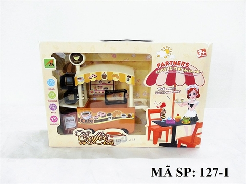 127-1 HỘP KỆ BẾP XE ĐẨY CÀ PHÊ , BÁNH KEM + BÀN + 2 GHẾ (NÂU)
